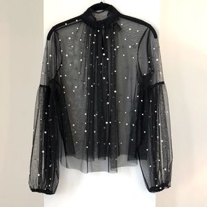 Sheer black mock turtleneck w/ pearl detail